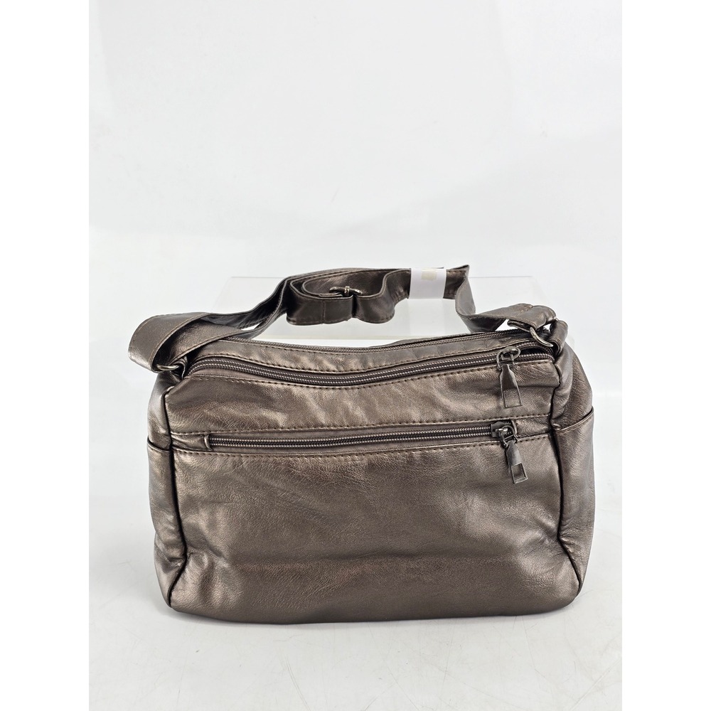 CHIC Metallic Bronze Faux Leather‎ Crossbody Bag Womens Medium Multi Pocket - VG
